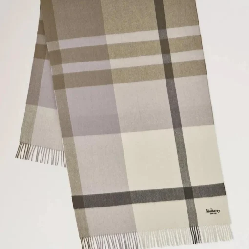Mulberry Large Check Merino Wool Scarf Eggshell & Olive Merino Wool