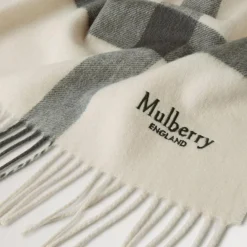 Mulberry Large Check Merino Wool Scarf Eggshell & Olive Merino Wool